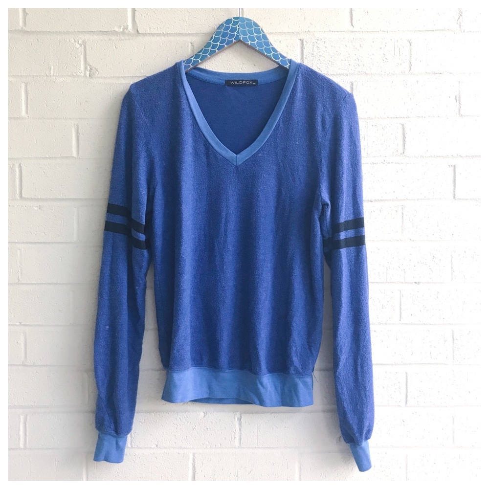 Wildfox Royal Blue V-Neck Pullover with Black Sleeve Stripes XS / Small